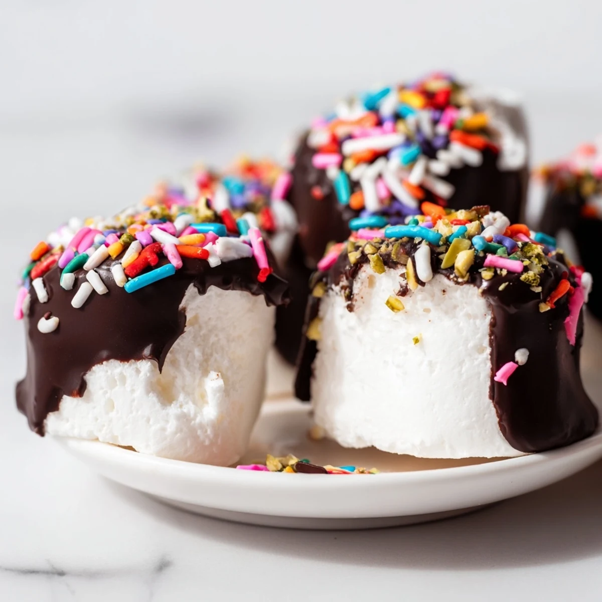 Melt-in-your-mouth Chocolate Dipped Marshmallows with mini chocolate chips and glossy dark chocolate, stacked invitingly for an American party spread.