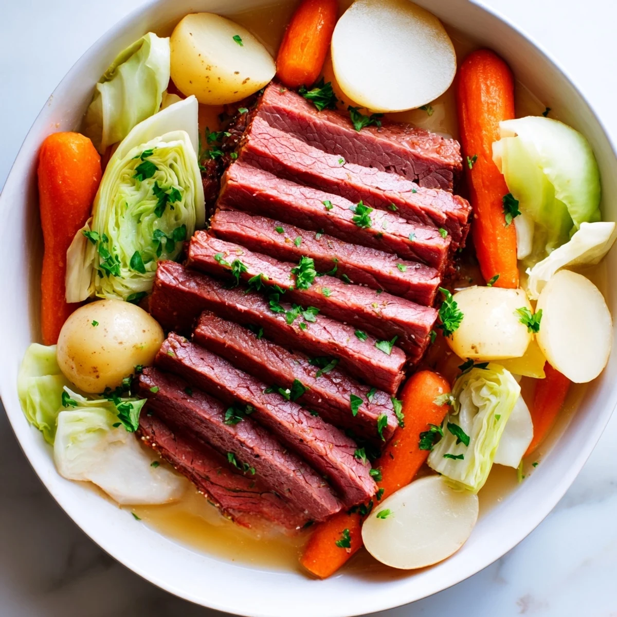 Sliced Corned Beef Pot Roast with tender potatoes, carrots, and cabbage on a rustic plate, garnished with fresh parsley.