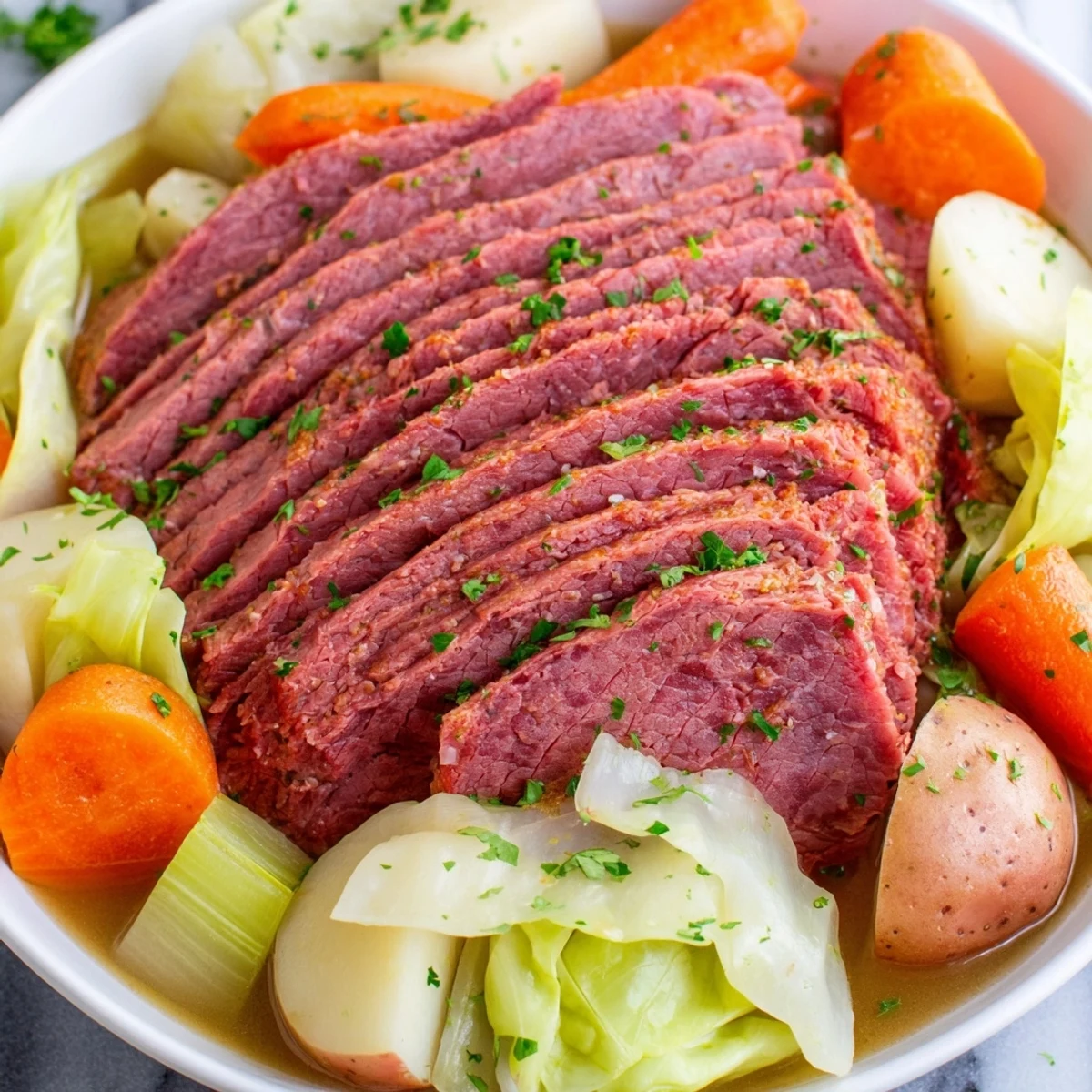 A steaming Corned Beef Pot Roast served with carrots and cabbage, perfect for a cozy St. Patrick's Day dinner.
