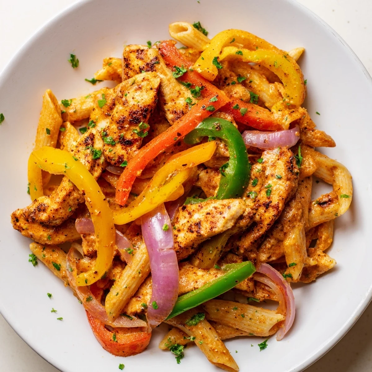 Cajun Chicken Pasta with Peppers in a creamy sauce with colorful bell peppers, ready to serve.