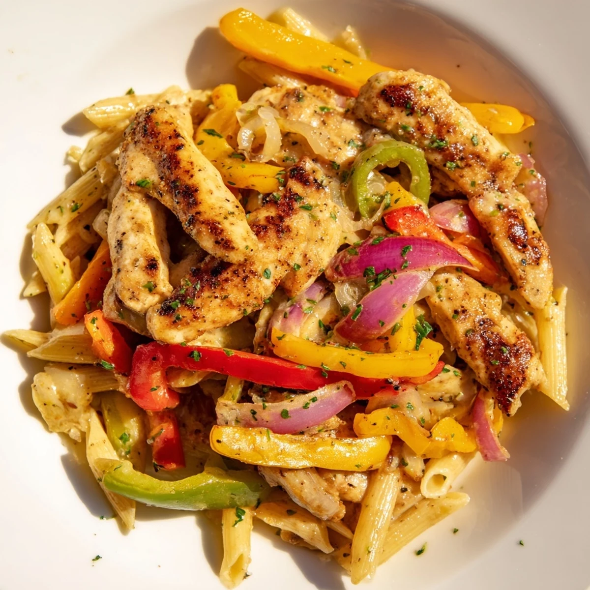 Tender Cajun-spiced chicken and pasta tossed with sautéed peppers in a rich, cheesy sauce.