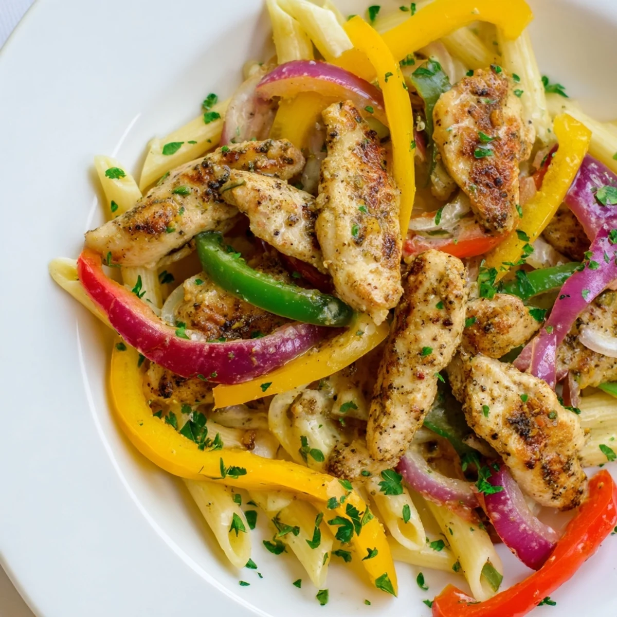 Platter of Cajun Chicken Pasta with Peppers garnished with parsley, alongside a crisp green salad.