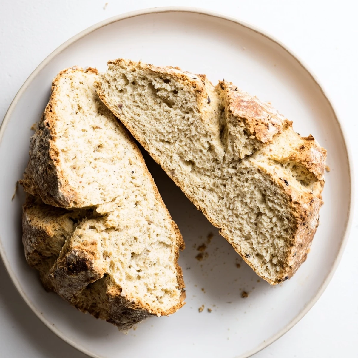 Scheiben Irish Soda Bread with Caraway auf Holztisch, geröstet mit Butter, passend zu irischer Suppe.