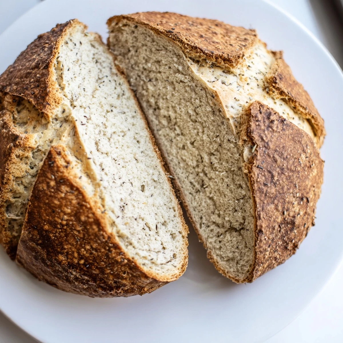 Sliced Irish Soda Bread with Caraway Seeds served beside creamy soup and butter on a wooden table.