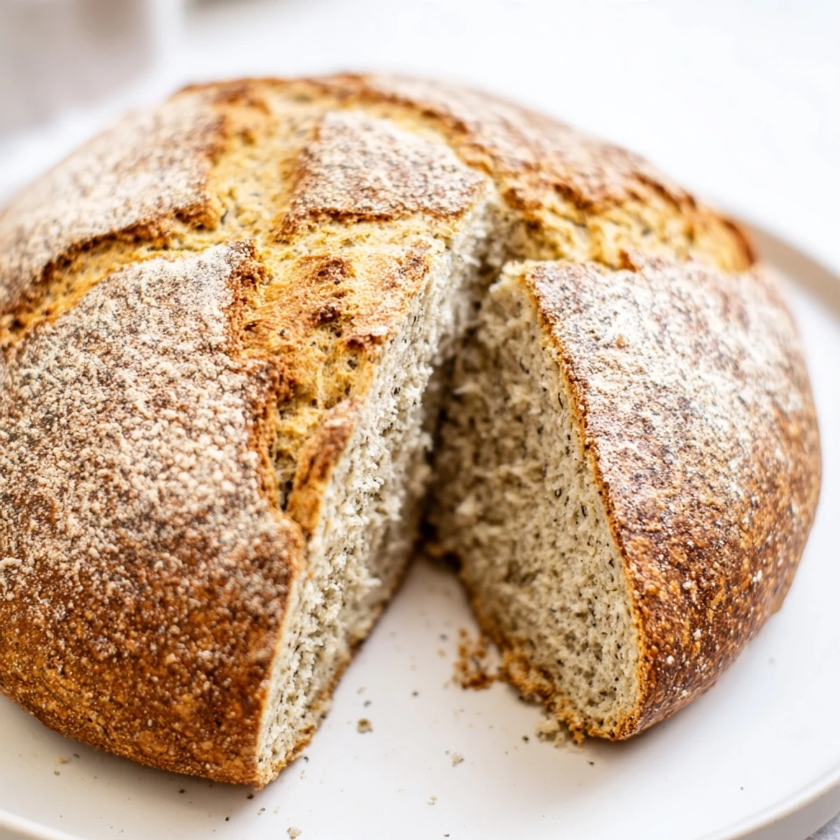 Golden-crusted Irish Soda Bread with Caraway Seeds, freshly baked on a cooling rack with a rustic appearance.