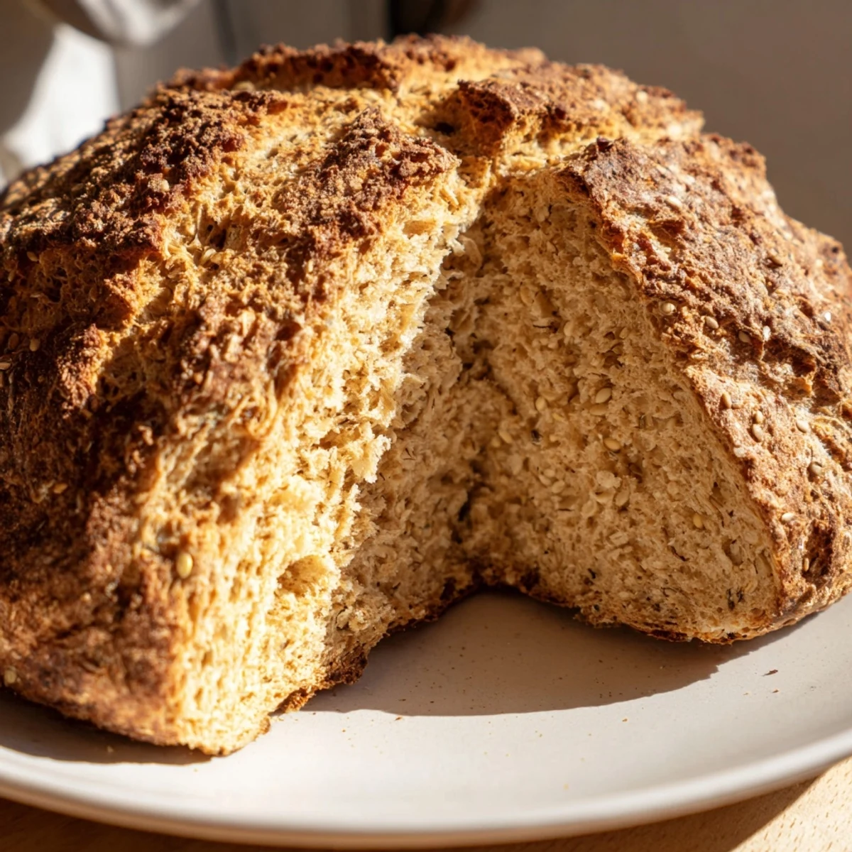 Warm Irish Soda Bread with Caraway Seeds on a rustic cutting board with butter and a soup bowl.