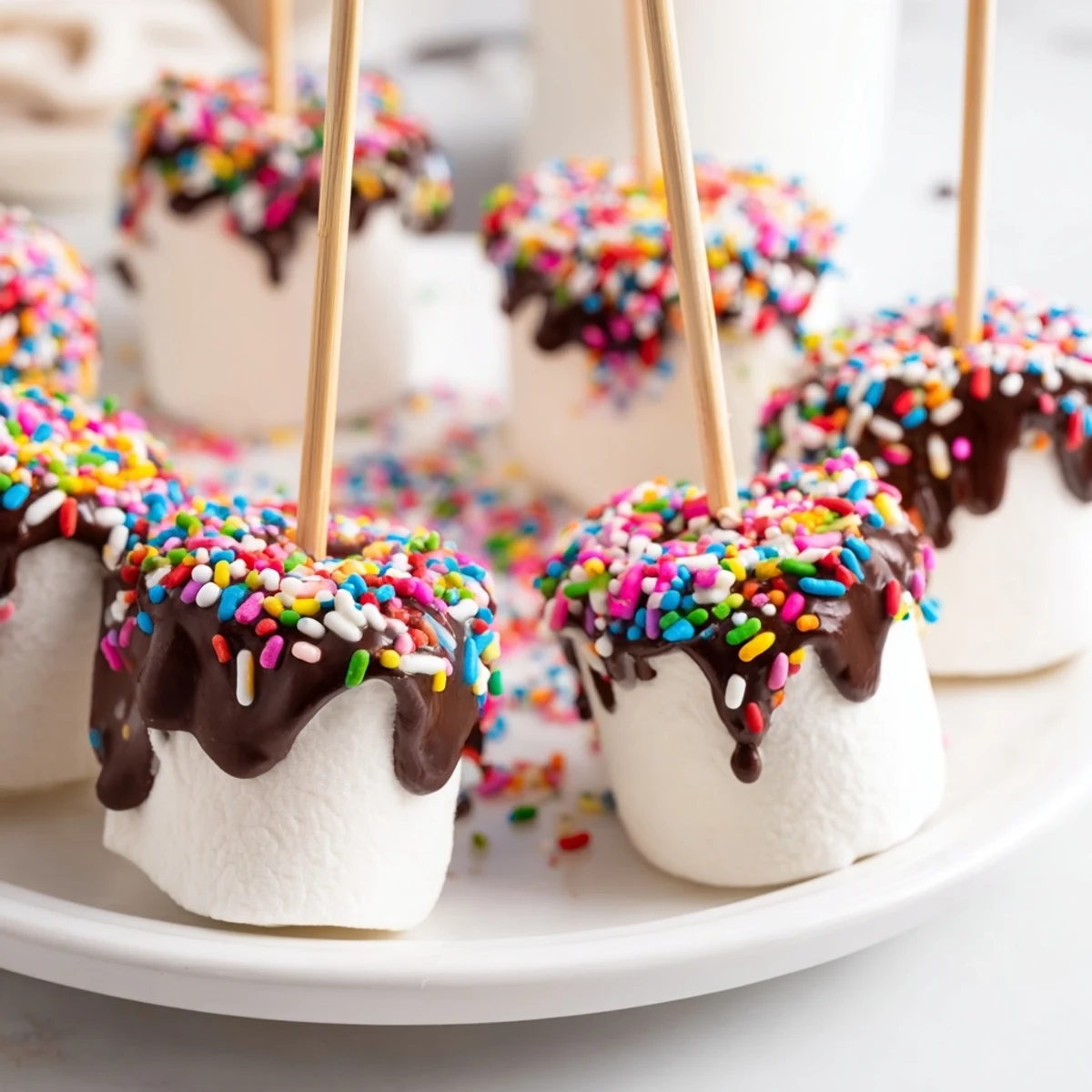 Festliche, selbstgemachte Schokoladen getränkte Marshmallows mit bunten Streuseln für Partys und Geschenke.