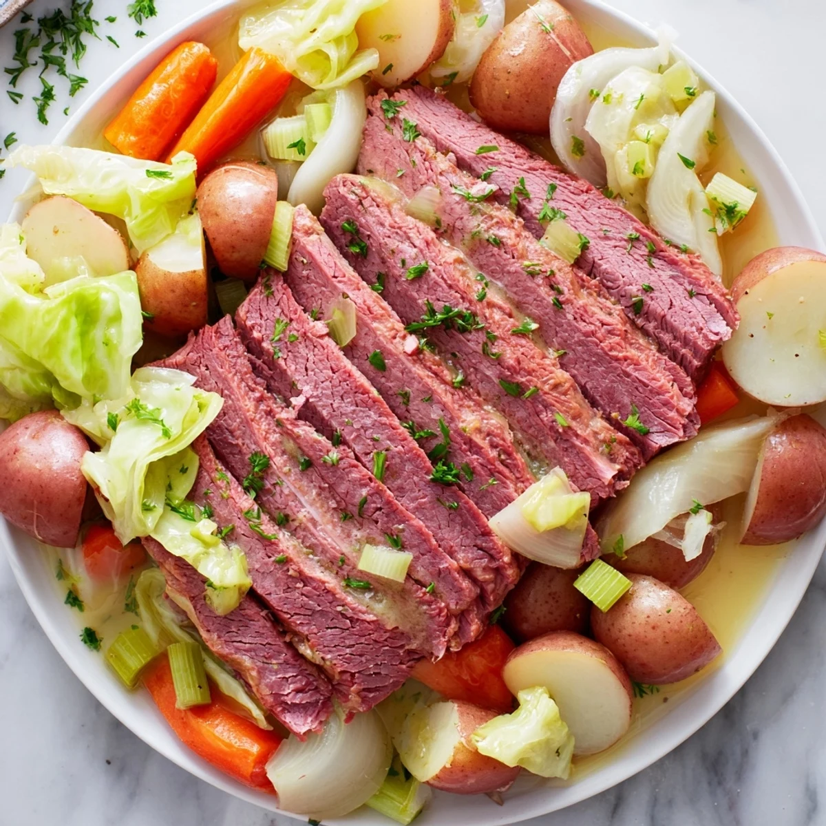 Slices of tender Corned Beef Pot Roast with Vegetables resting on a white platter, steam rising gently.