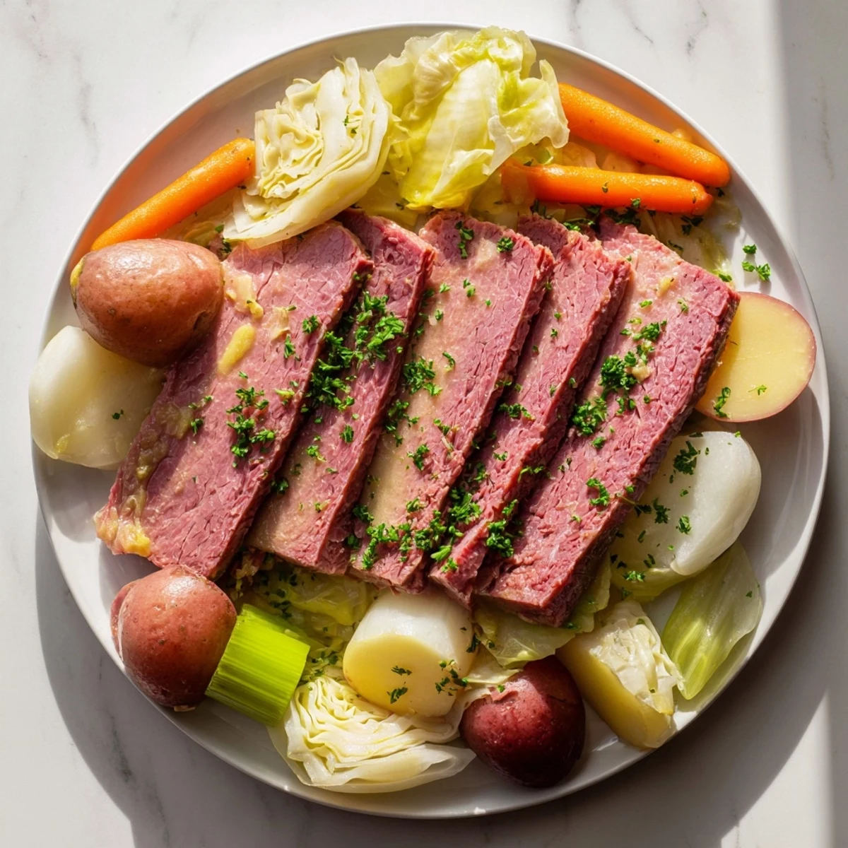 Platter of Corned Beef Pot Roast with Vegetables garnished with parsley, ideal for a comforting family dinner.