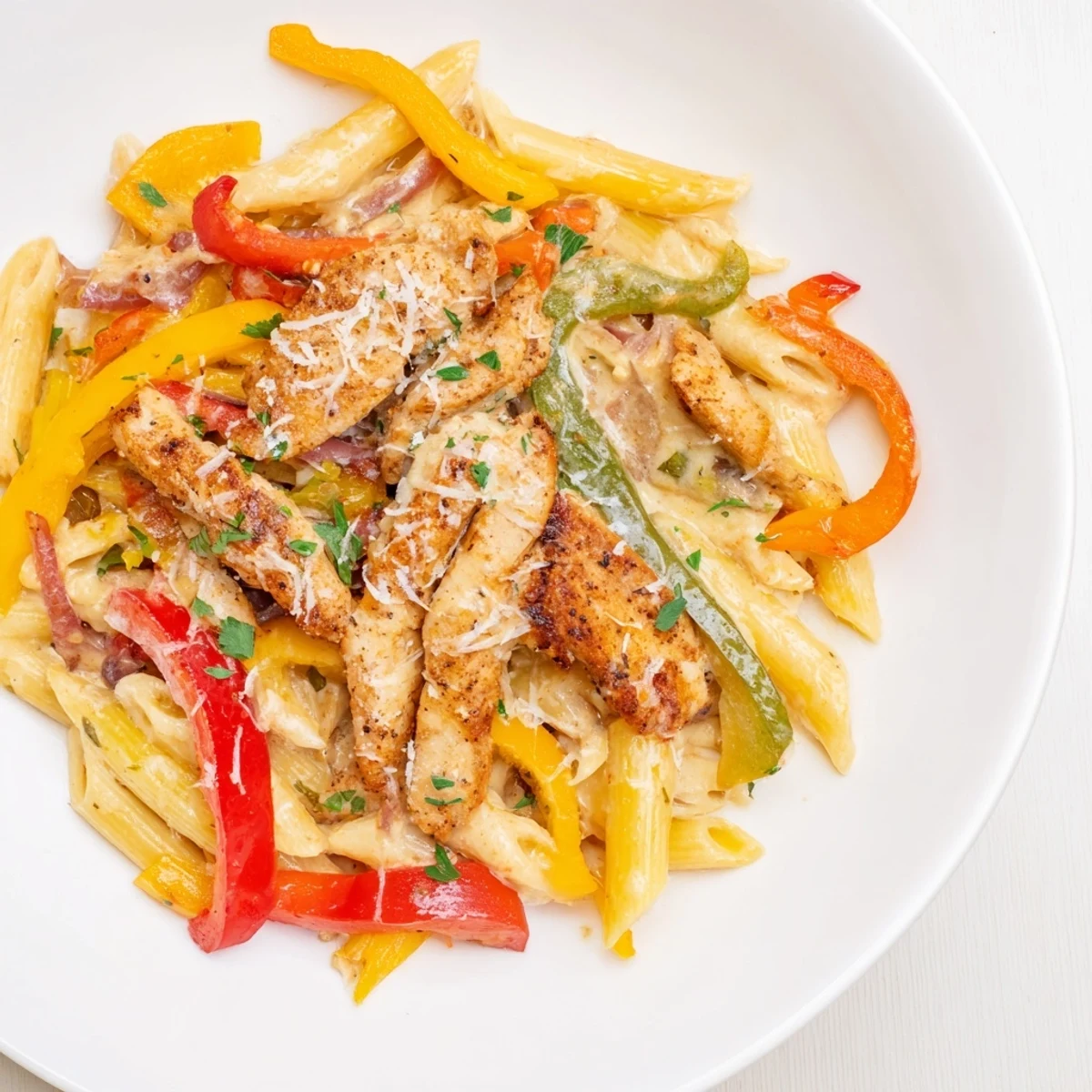 Cajun Chicken Pasta with Bell Peppers with creamy sauce in a skillet garnished with parsley