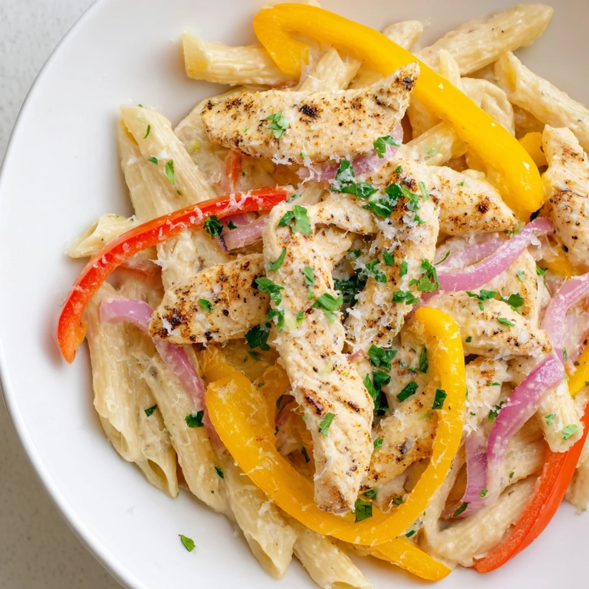 Cajun Chicken Pasta with Bell Peppers plated over parmesan with colorful peppers and fresh parsley on top