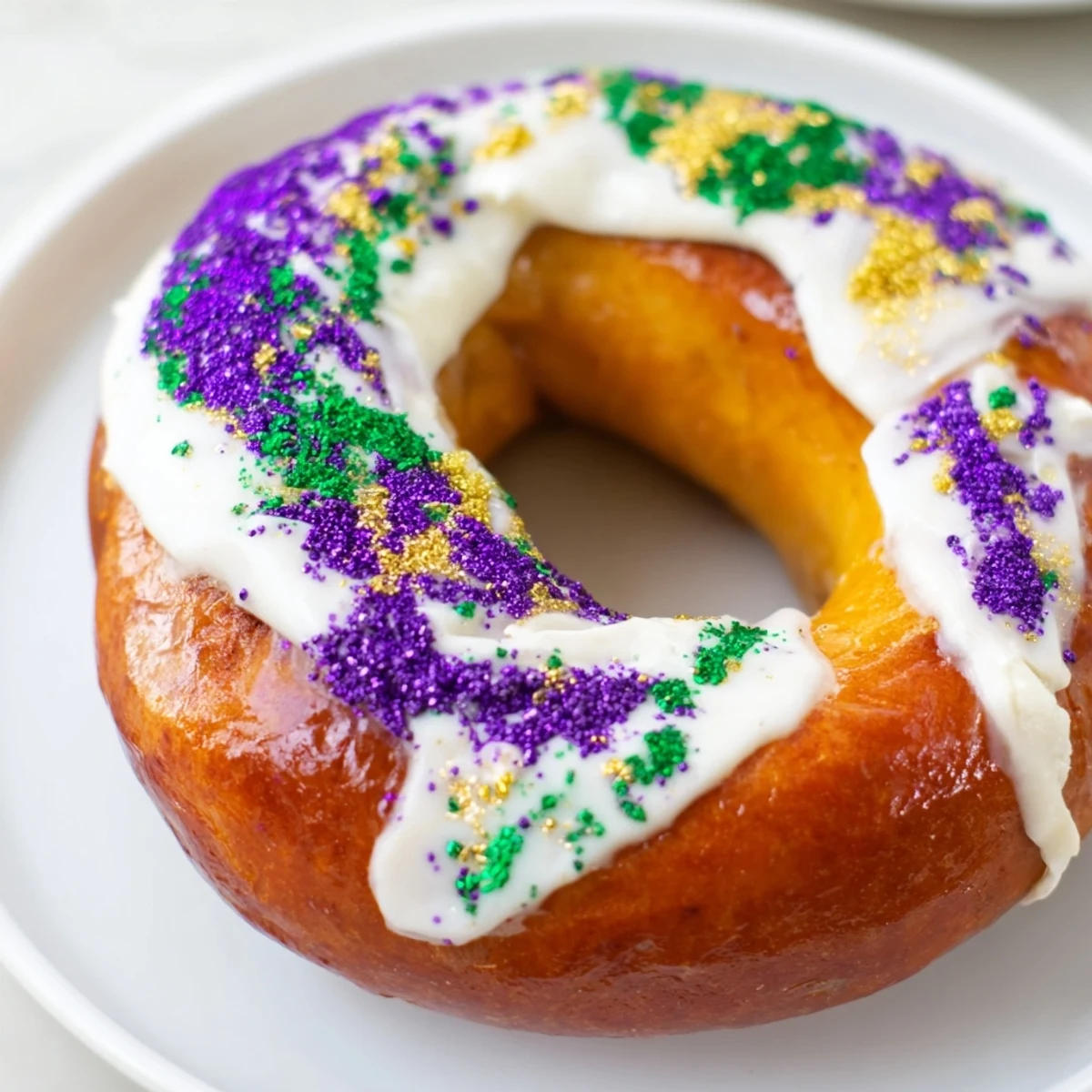 Ein Bild von Mardi Gras King Cake Bagels mit Cream Cheese, bestreut mit bunten Zuckerstreuungen und zarter Zuckerglasur.