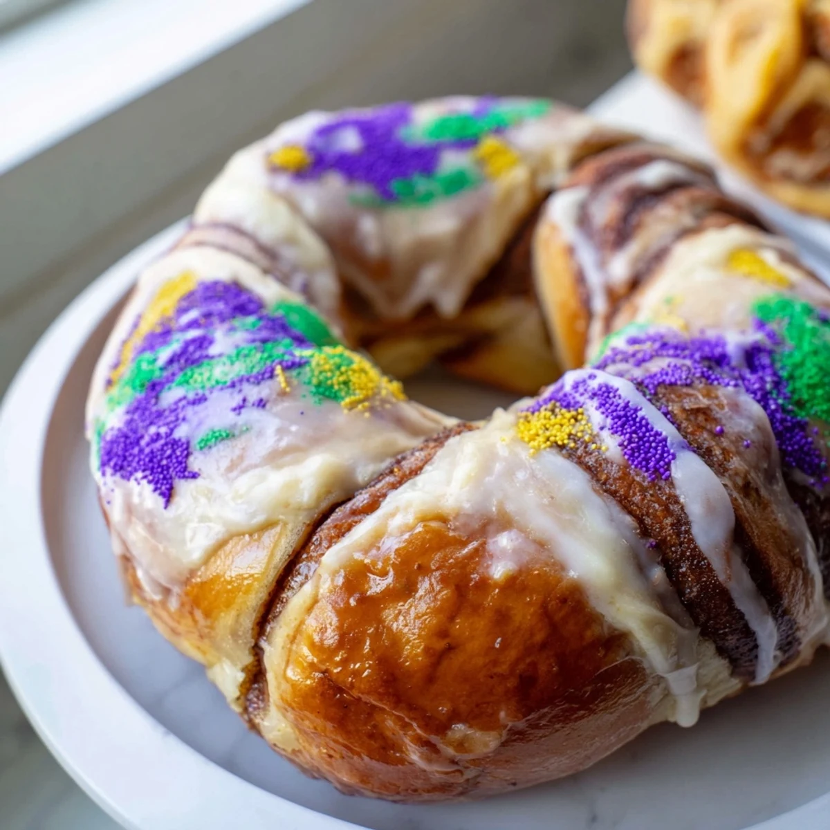 Mardi Gras King Cake Bagels mit Cream Cheese füllen, goldbraun gebacken und mit lila, grünen Zuckerstreuseln verziert für den Festtagsfrühstückstisch.