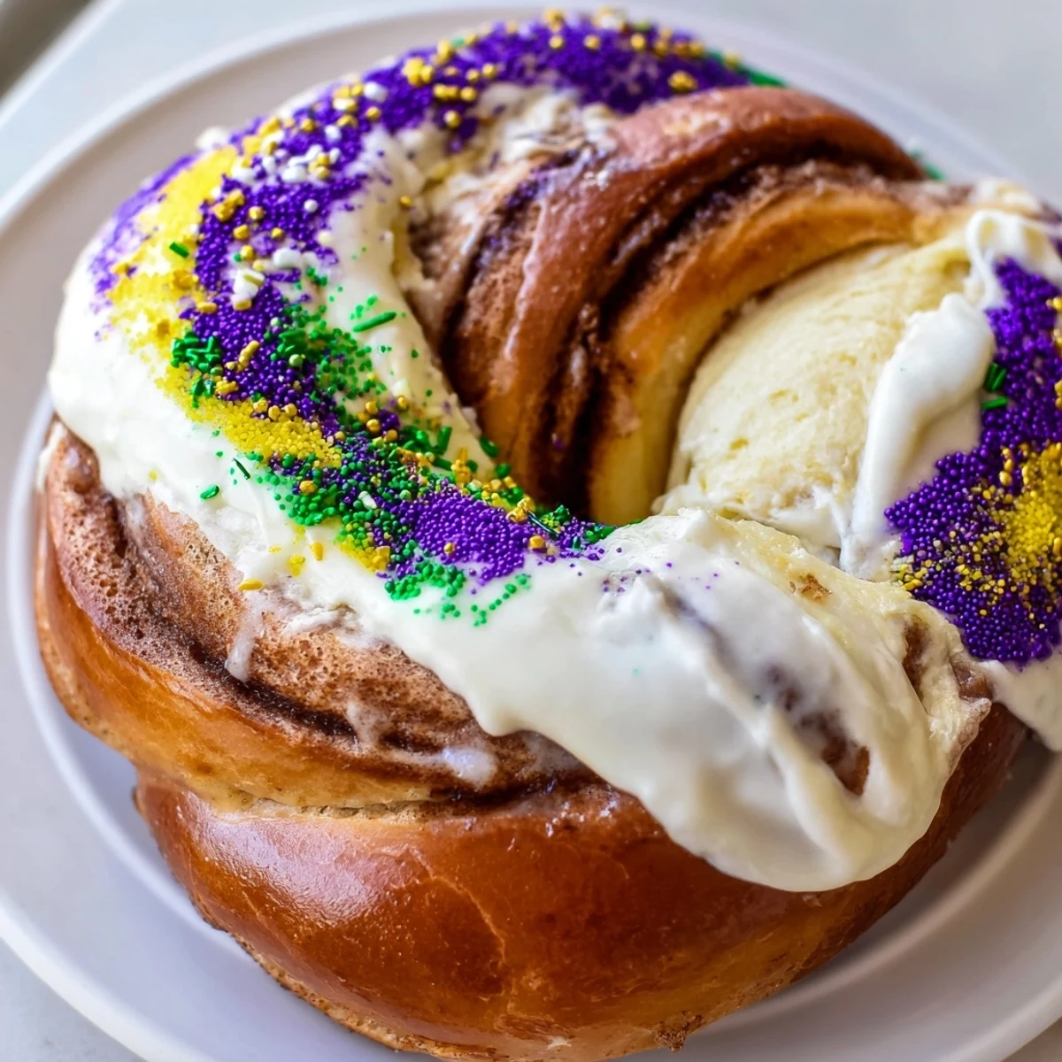 Ein Teller mit Mardi Gras King Cake Bagels und süßer Cream Cheese Füllung, warm aus dem Ofen und für den Brunch serviert.