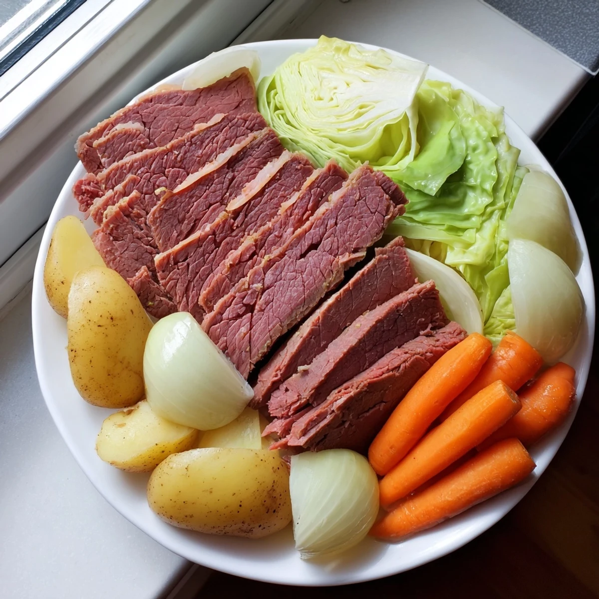 A hearty Corned Beef Pot Roast with Vegetables in a Dutch oven, golden potatoes and carrots simmering in rich broth.