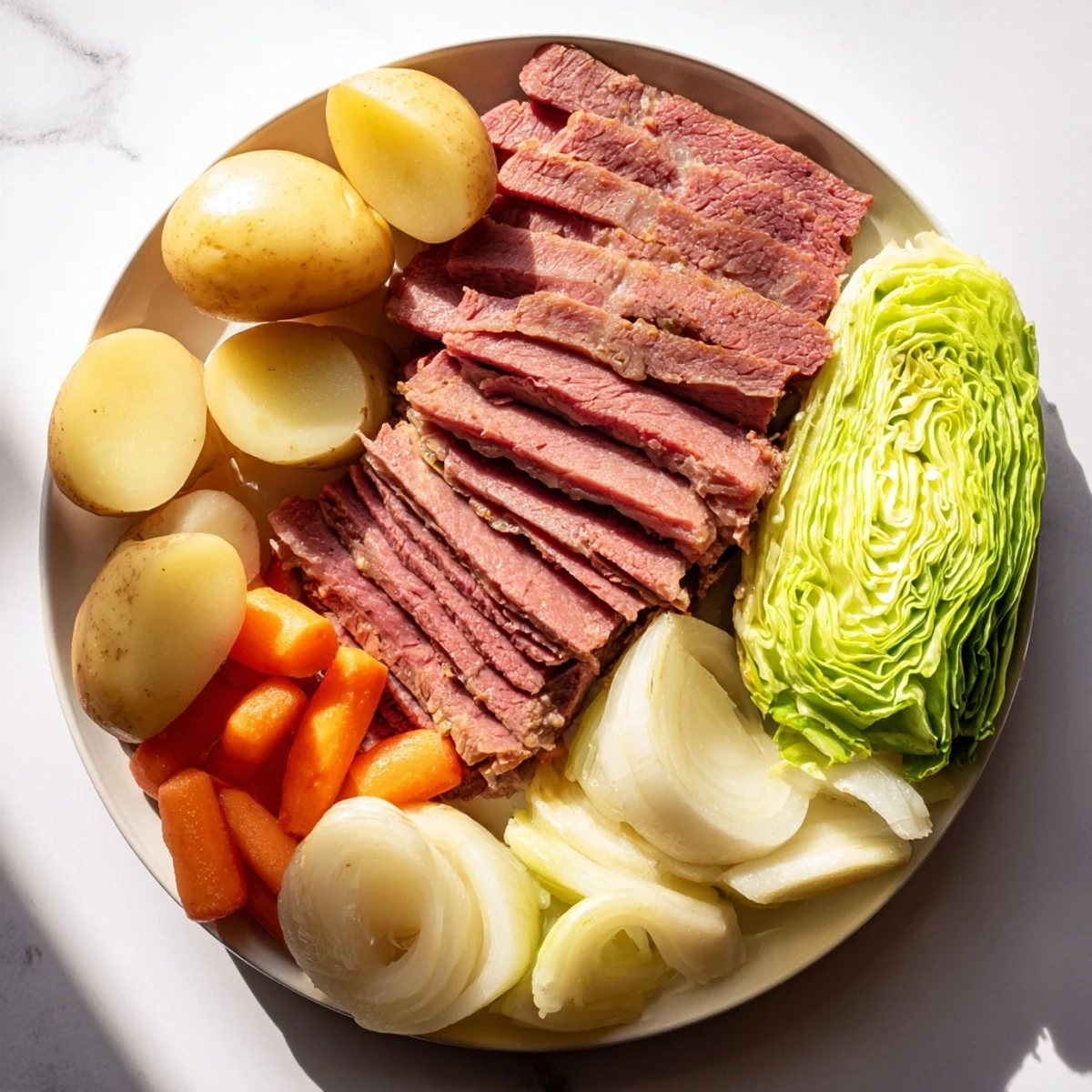 Family-style Corned Beef Pot Roast with Vegetables on a table, juicy meat with root veggies, perfect for St. Patrick's Day.