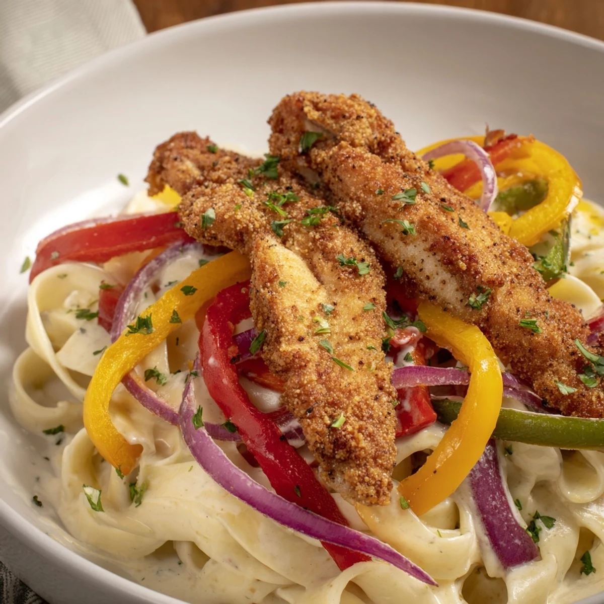 Cajun Chicken Pasta mit Paprika duftet mit scharfem Hähnchen und bunten gewürzten Paprikastreifen.