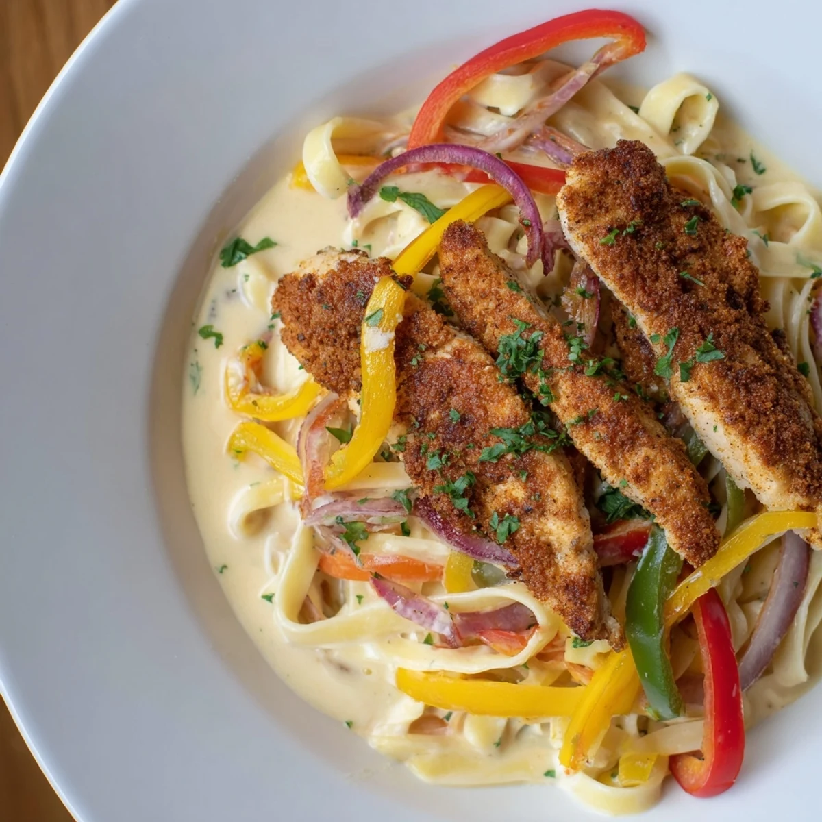 Cajun Chicken Pasta mit Paprika zeigt garniert auf Teller, cremige Sauce über Nudeln verteilt.