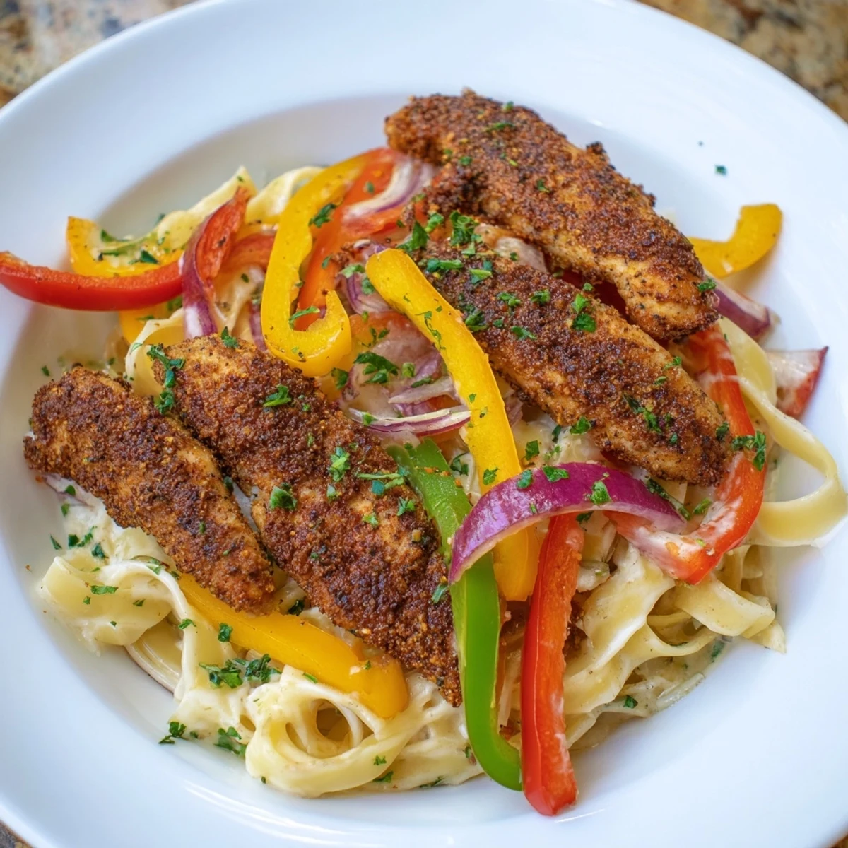 Cajun Chicken Pasta mit Paprika als abendliches Gericht mit frischem Parmesan und Petersilie garniert.
