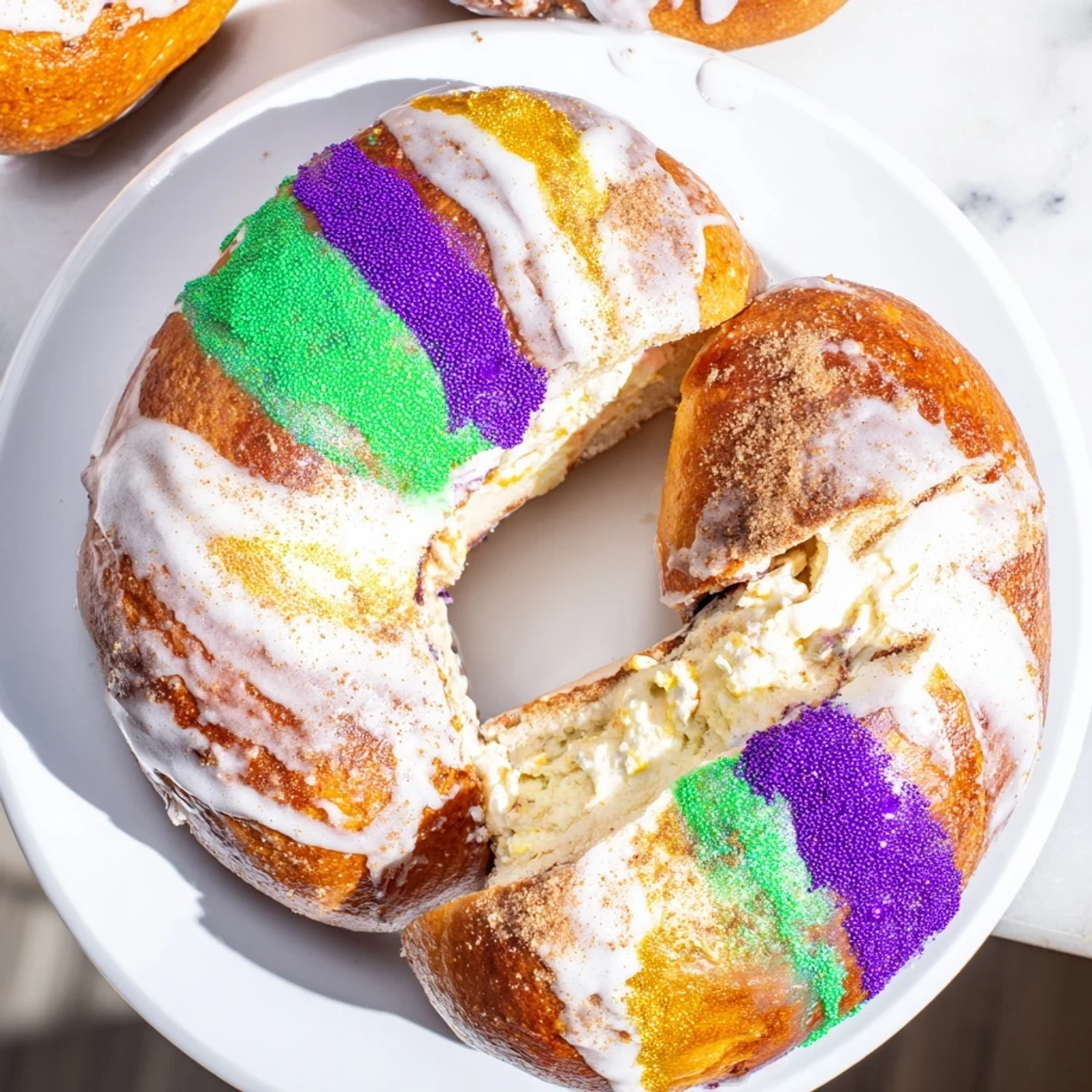 Ein Mardi Gras King Cake Bagel mit cremiger Füllung und bunter Zuckerglasur auf einem hölzernen Teller, umgeben von festlichen lila, grünen und goldenen Zuckerperlen für den perfekten Karnevalsgenuss.