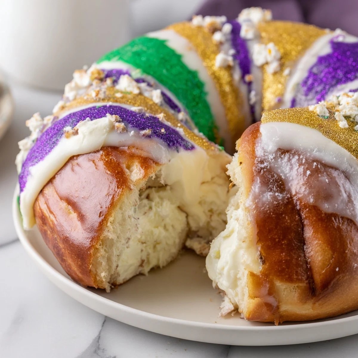 Goldbraun gebackenes Mardi Gras King Cake Bagel mit cremigem Frischkäse-Innern und glänzender Zuckerglasur, bestreut mit leuchtenden lila, grünen und goldenen Zuckerkügelchen auf einer rustikalen Holzplatte.