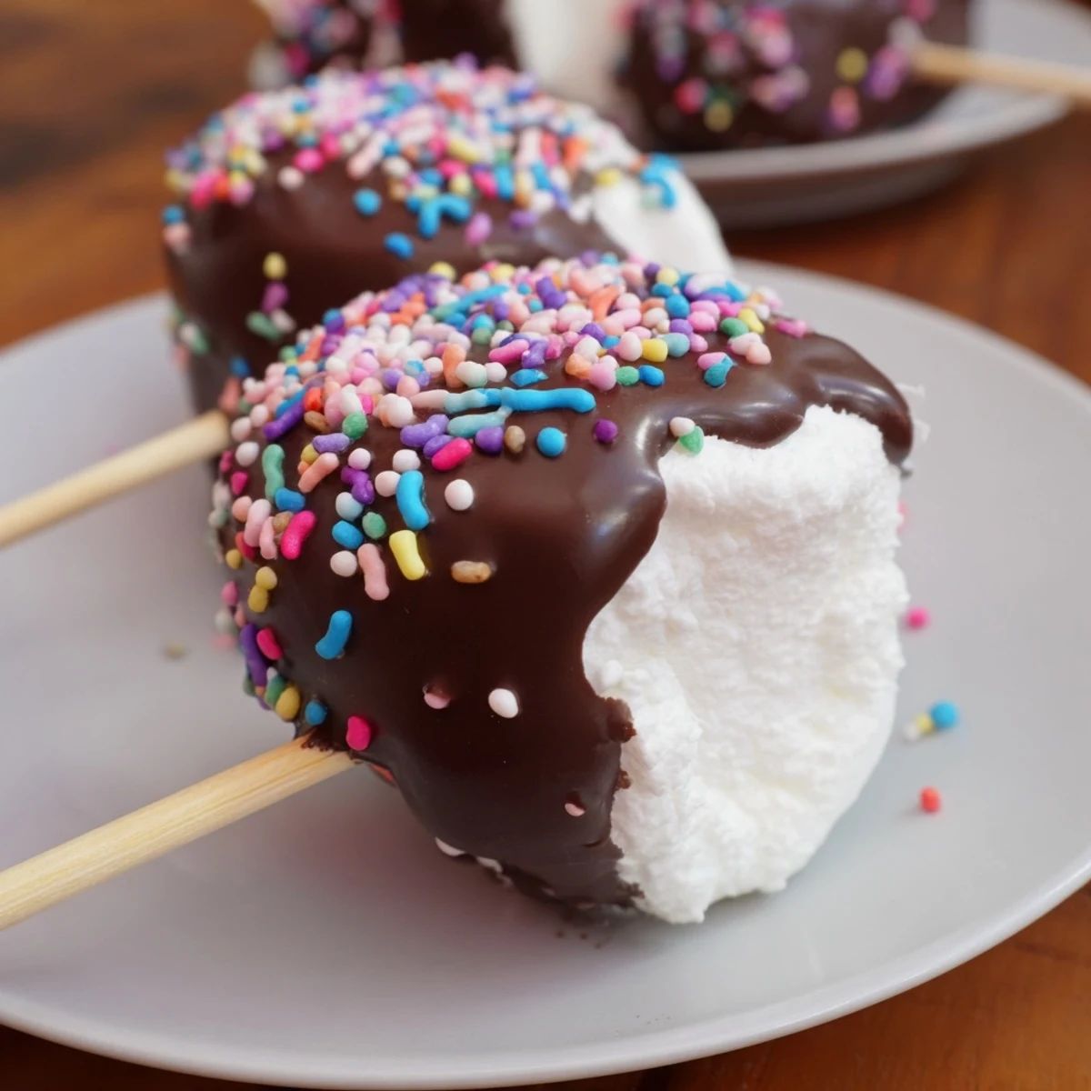 Fluffy marshmallows on sticks dipped in melted chocolate with bright sprinkles for a festive Chocolate Dipped Marshmallows with Sprinkles treat