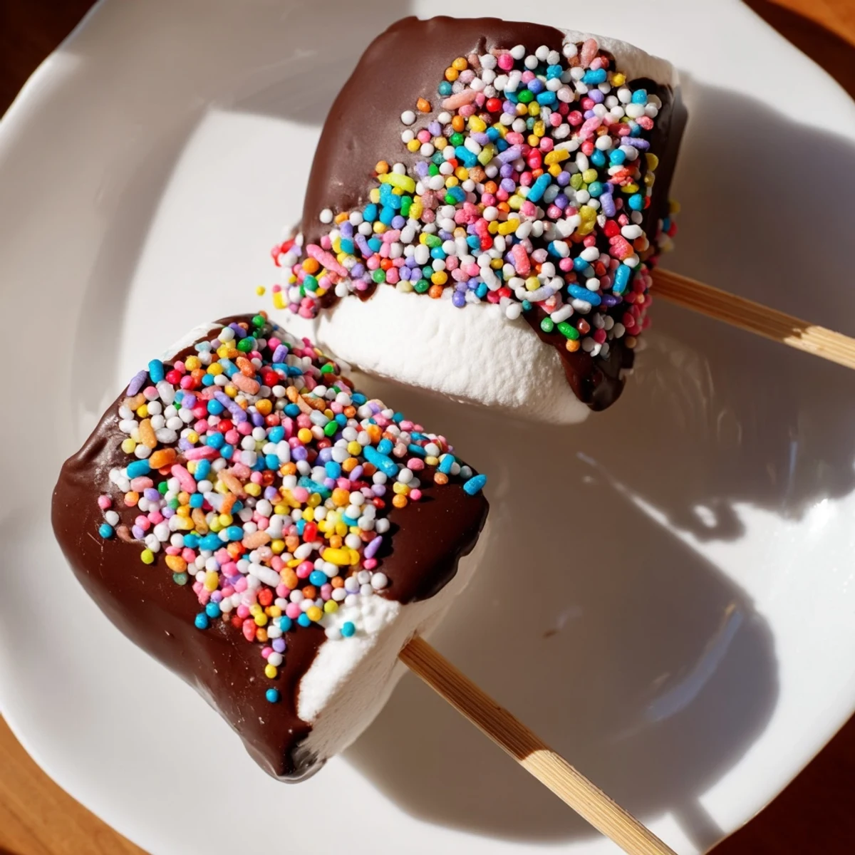 Close-up of homemade Chocolate Dipped Marshmallows with Sprinkles on a party platter with gooey texture and colorful decorations