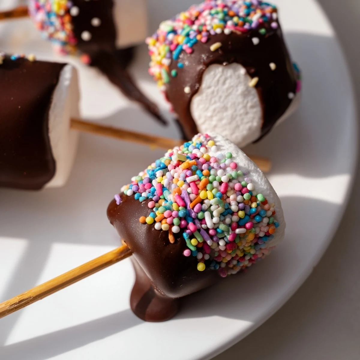 Easy dessert idea: Chocolate Dipped Marshmallows with Sprinkles arranged on parchment for gifting or enjoying with milk