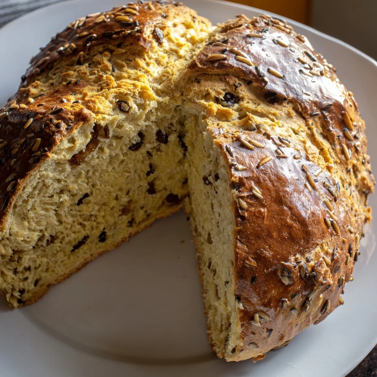 Ein gebackenes Irish Soda Bread with Caraway Seeds mit goldbrauner Kruste und cremigem, rosinenhaltigem Innerem auf einem Holzbrett.