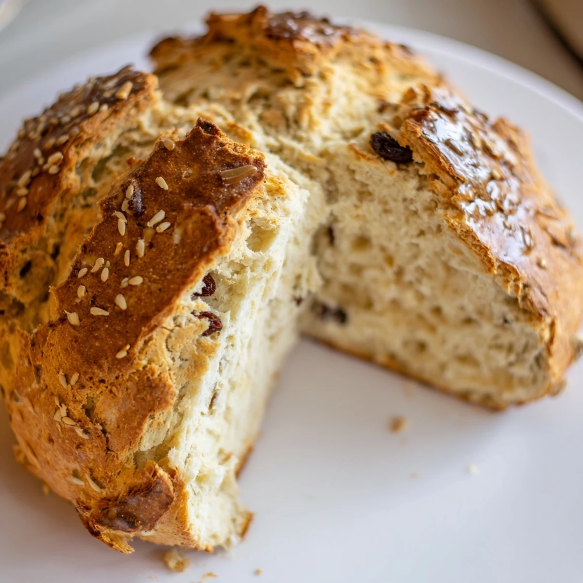 Irish Soda Bread with Caraway Seeds auf einem hellen Teller, perfekt als Beilage zu herzhafter Suppe oder mit Honig gegessen.