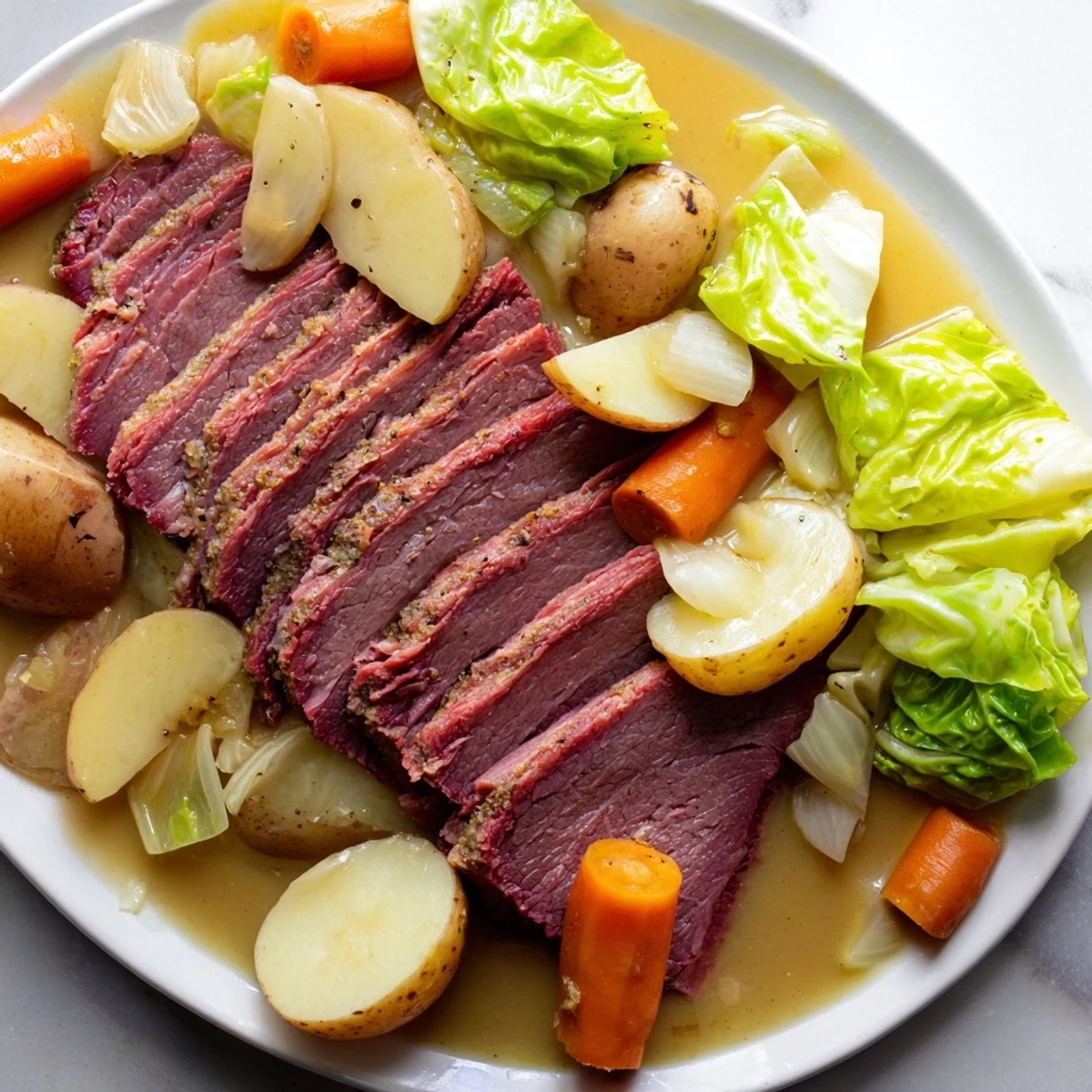 Gekochte Corned Beef Pot Roast auf einer Holzplatte, umgeben von weichen Kartoffeln, Karotten und Kohl, beträufelt mit Brühe, serviert als herzhaftes Hauptgericht.