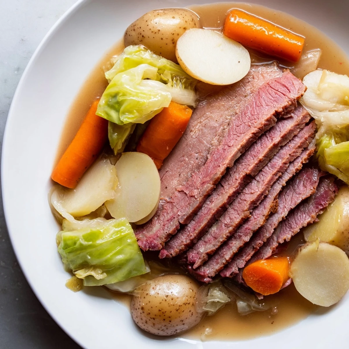 Tender slices of Corned Beef Pot Roast plated with soft potatoes, carrots, and cabbage, ready for a hearty American-Irish family dinner.