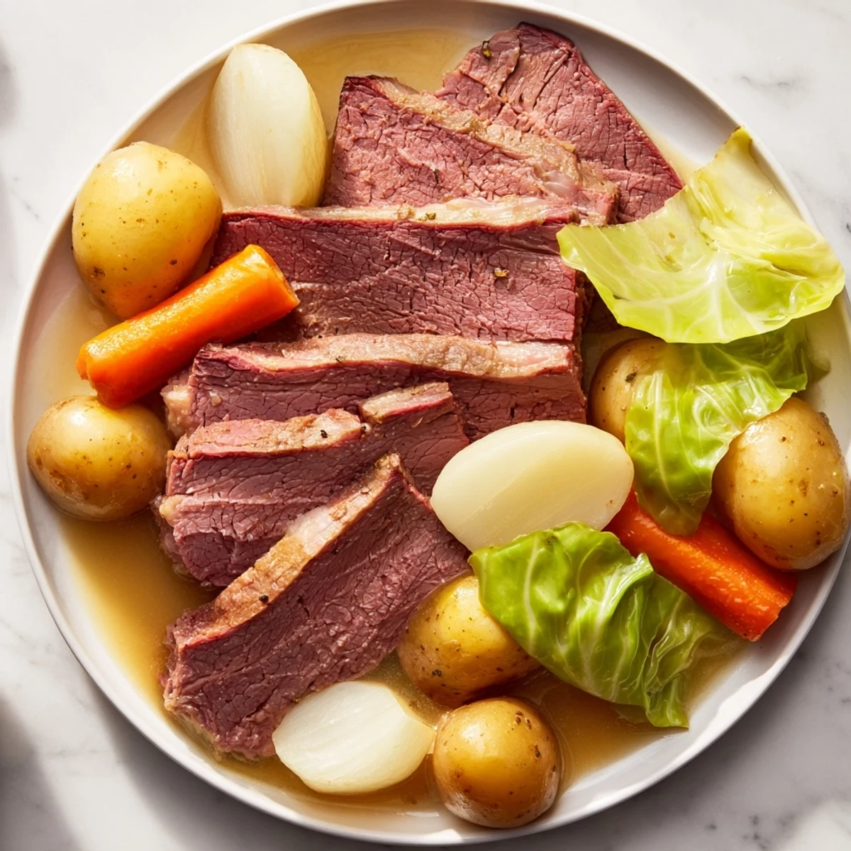 Steam rises from a rustic Corned Beef Pot Roast alongside vibrant vegetables, ideal for a comforting St. Patrick's Day-inspired meal in the U.S.