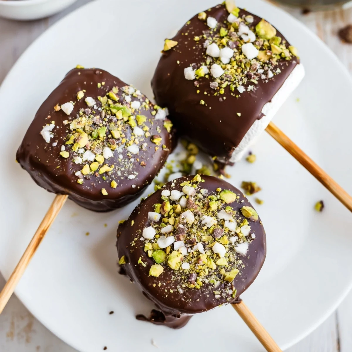 Fluffy marshmallows on sticks coated in silky melted chocolate, sprinkled with colorful toppings on a baking sheet.
