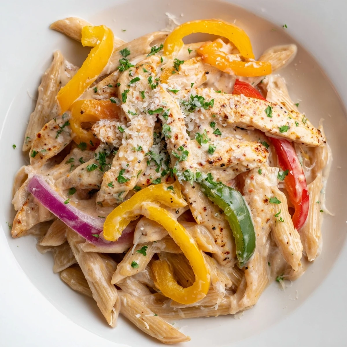 Cajun Chicken Pasta with Peppers in a creamy sauce, topped with fresh parsley and extra Parmesan.
