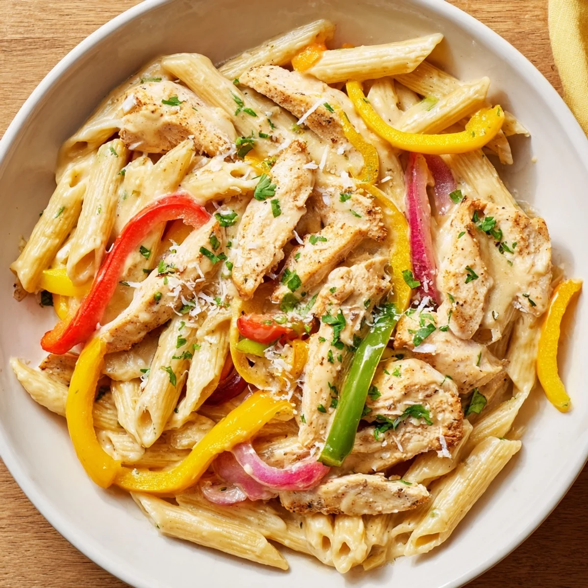 Cajun Chicken Pasta with Peppers served family-style, colorful bell peppers mingling with tender chicken in silky sauce.