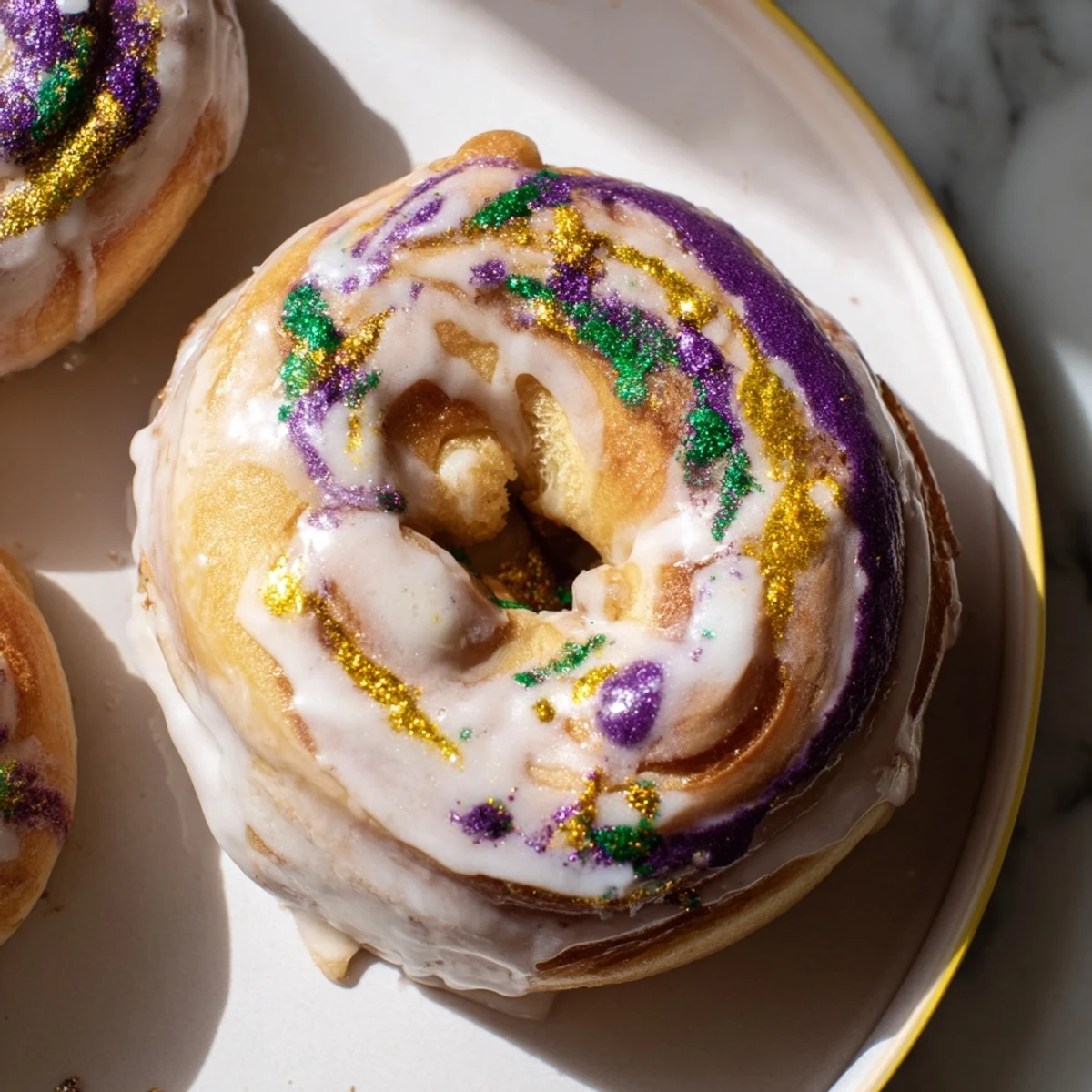 Mardi Gras King Cake Bagels glänzen mit glasiertem Zucker und bunten Streuseln auf holzoptik.