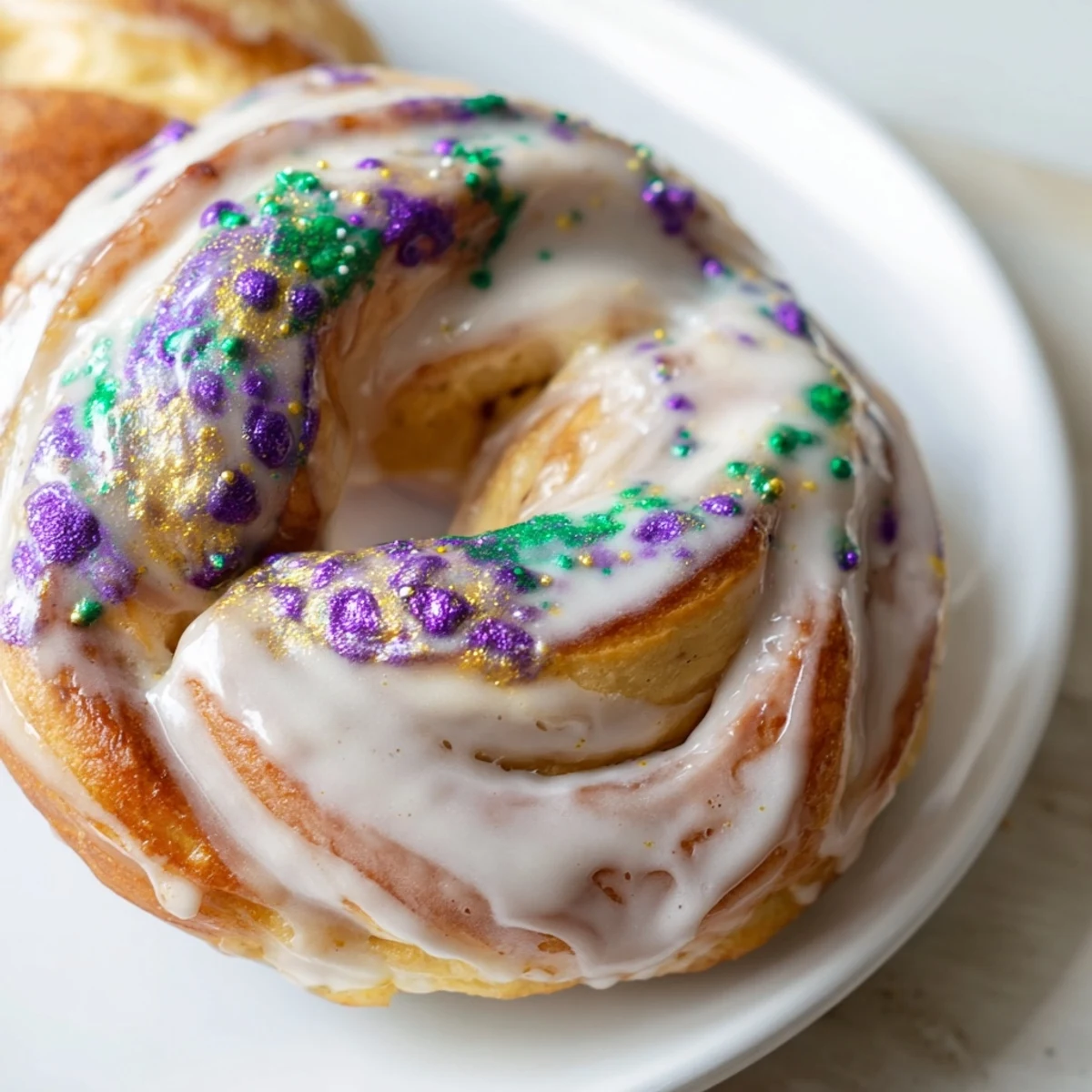 Frisch gebackene Mardi Gras King Cake Bagels duften nach Zimt und Honigtopf.