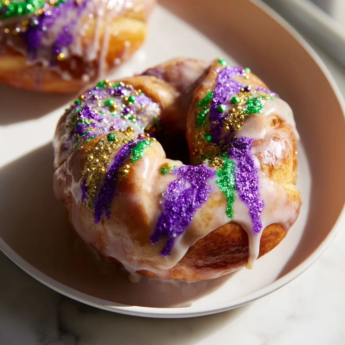 Belegtes Frühstück: Mardi Gras King Cake Bagels mit Kaffeetasse und Pastellfarben auf rustikalem Teller.