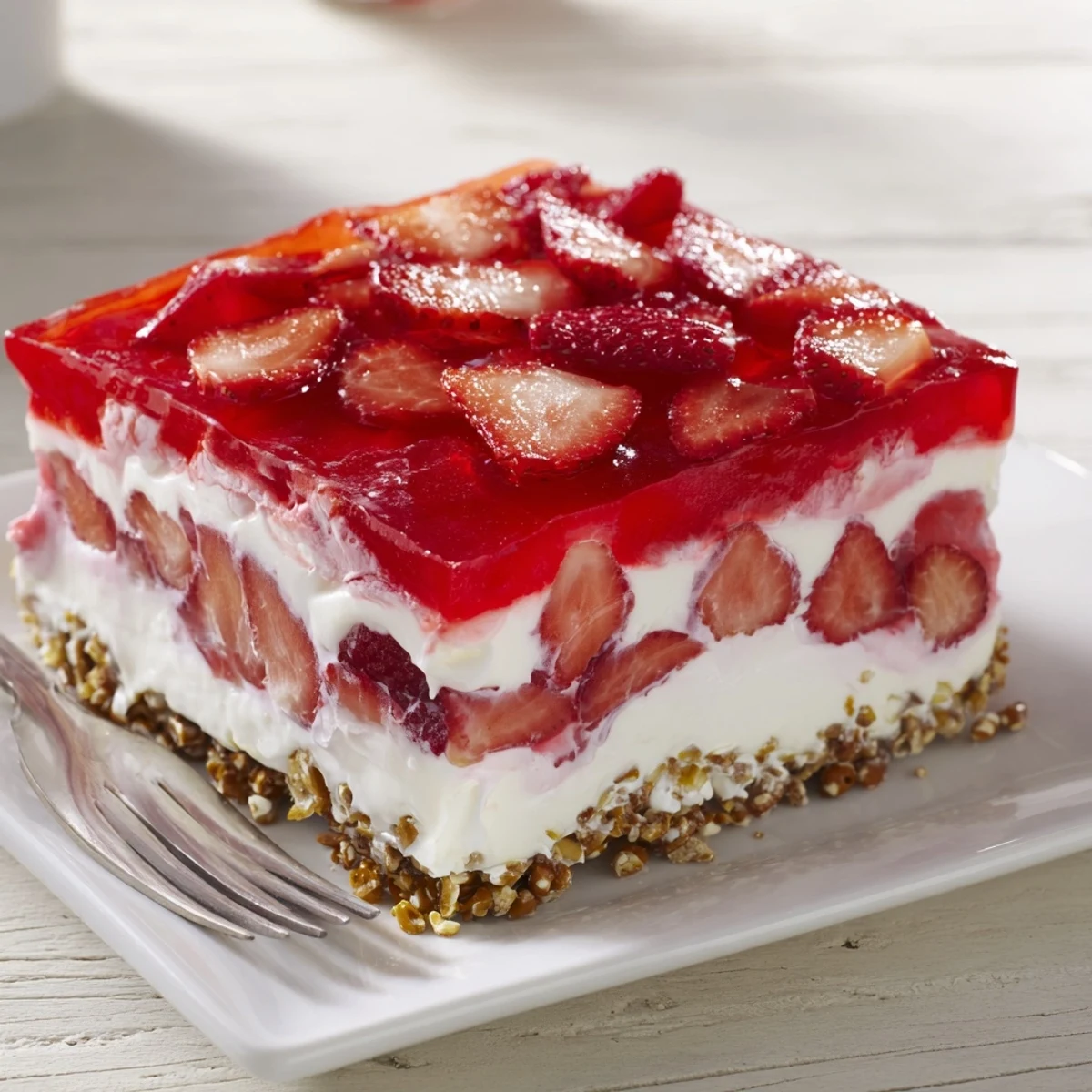 Ein frischer Erdbeer-Crackle-Salat mit knusprigem Pretzel-Mantel auf einem Glas serviert