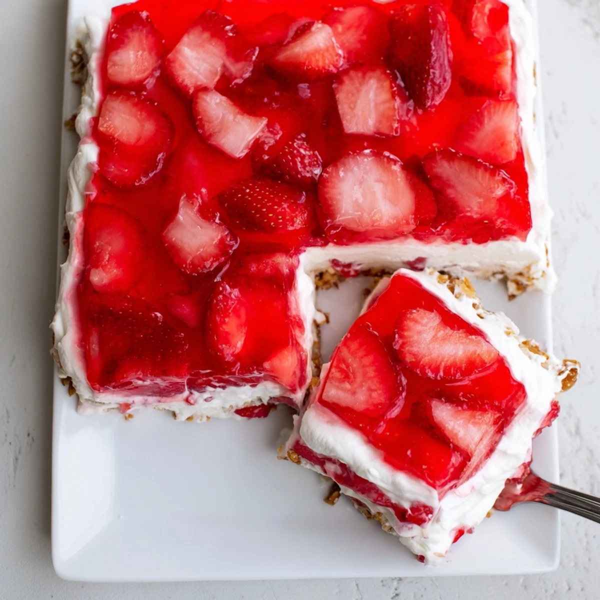 Geschichtete Dessertschale mit süßen Erdbeeren, cremiger Füllung und knusprigem Pretzel-Boden
