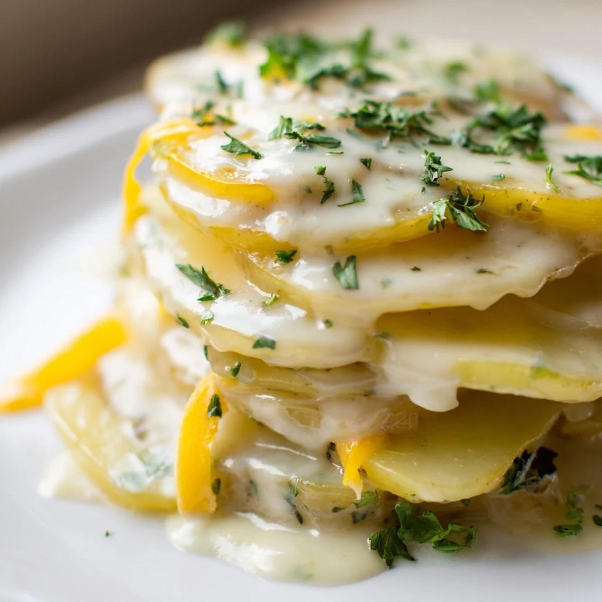 Crockpot Scalloped Potatoes mit goldbraunen Kartoffelscheiben in cremiger Käsesauce serviert