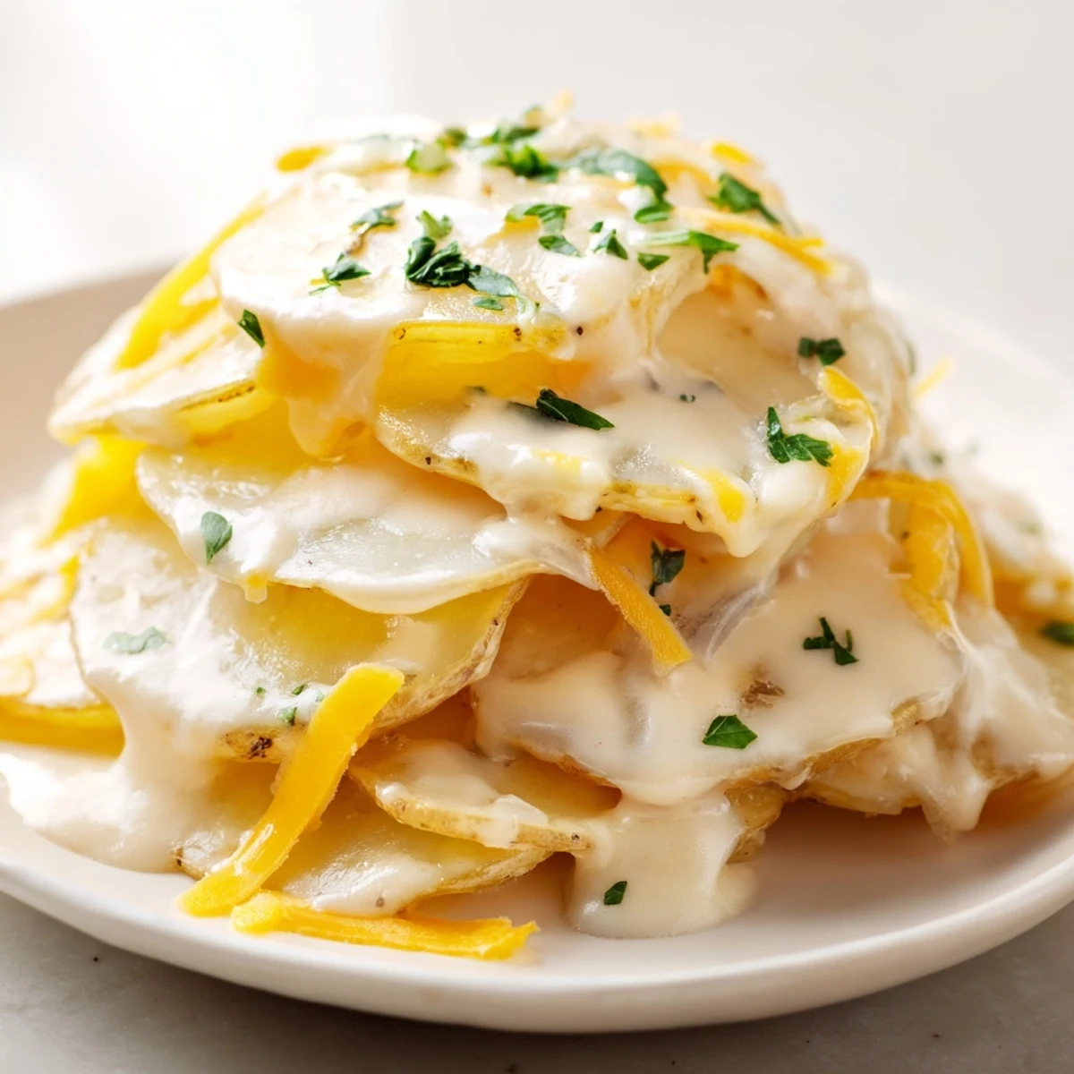 Crockpot Scalloped Potatoes mit geschmolzenem Cheddar und frischer Petersilie garniert