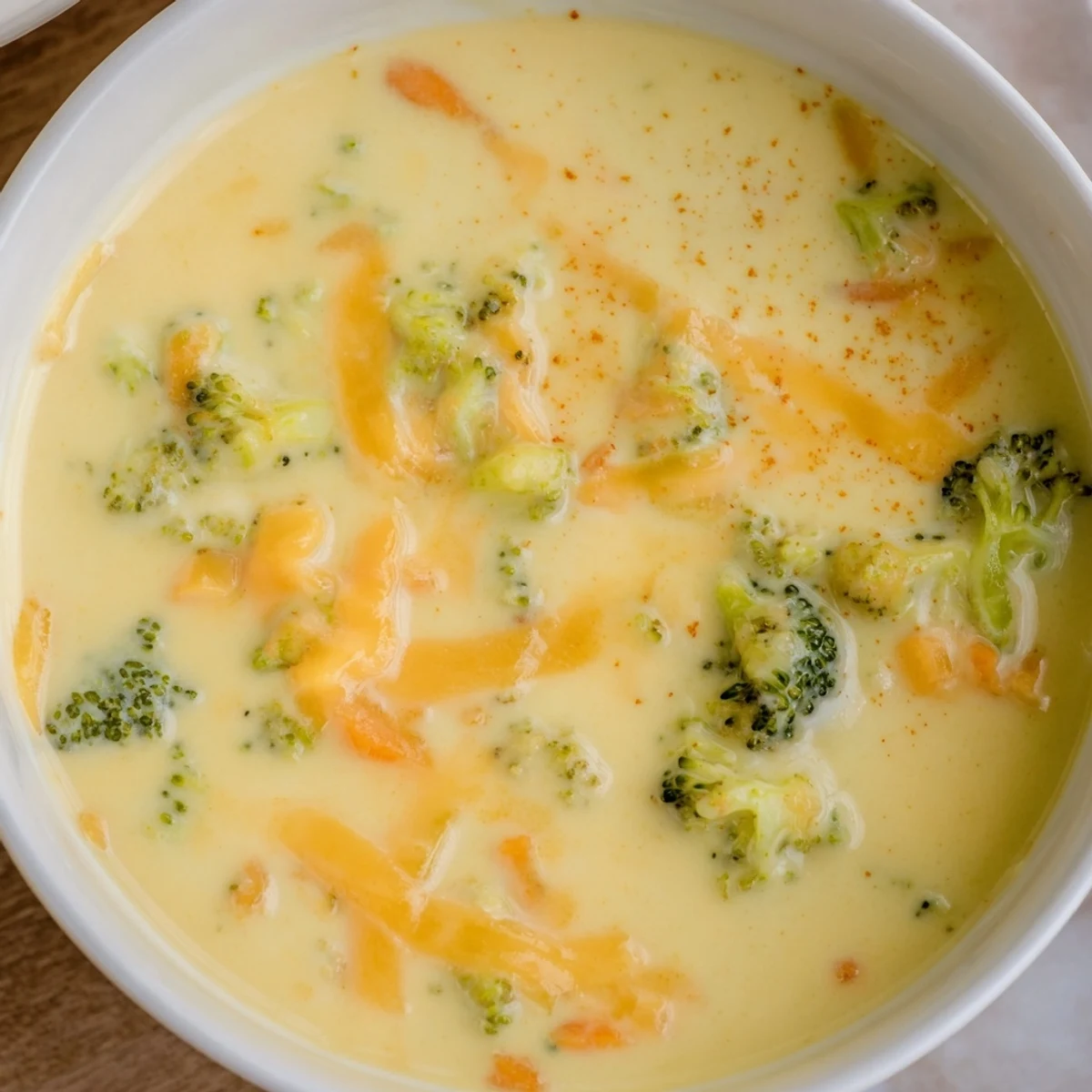 Creamy Instant Pot Broccoli Cheddar Soup topped with melted shredded cheese and fresh parsley