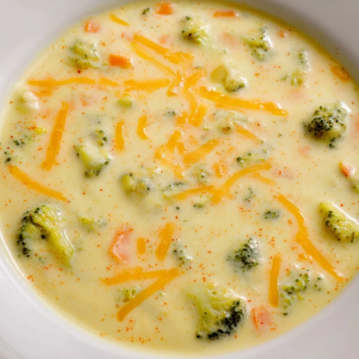 Rich and velvety Instant Pot Broccoli Cheddar Soup garnished with sharp cheddar and cracked pepper