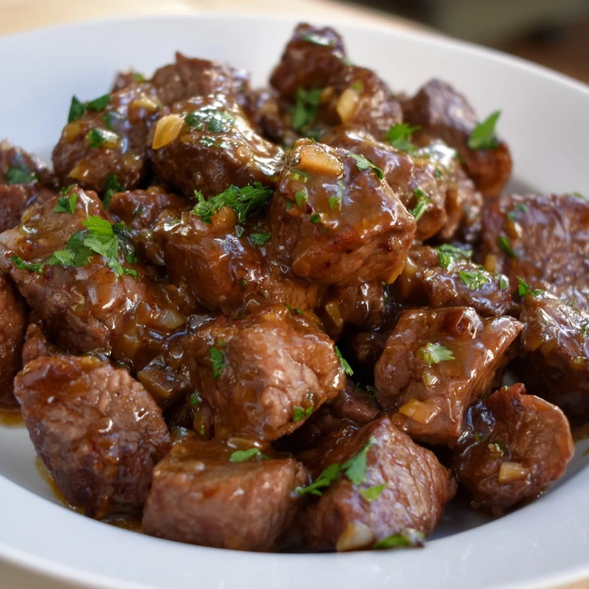Zarte Crockpot Steak Bites in Butter-Glasur mit Petersilie garniert auf weißem Teller