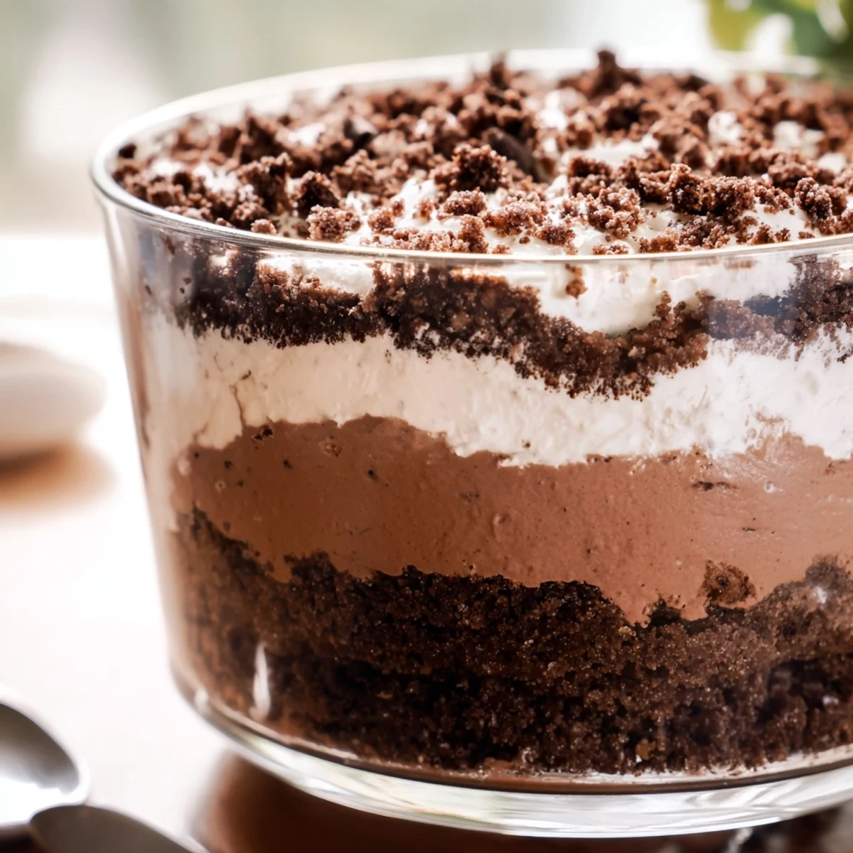 Keto Dirt Cake mit geschichteter Schokoladenpudding und Sahne, bestäubt mit knusprigem Kakaocrumb