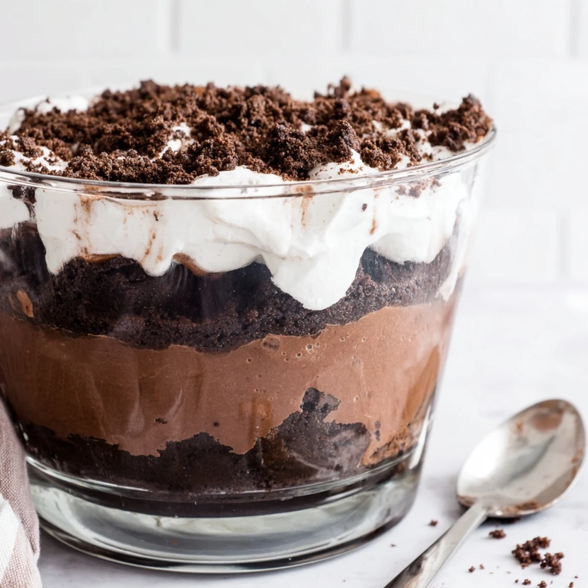 Keto Dirt Cake im Glas mit cremiger Schokopudding-Schicht und knusprigem Almond-Dirt-Topping