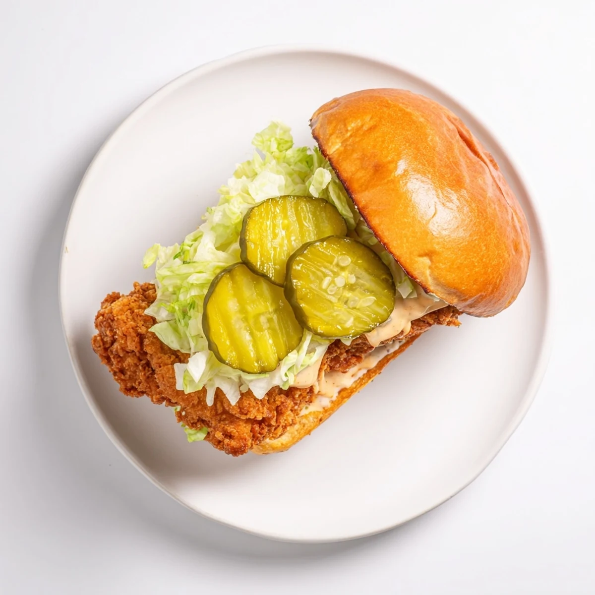 Knuspriger Pickle Brined Fried Chicken Sandwich auf einem weichen Brioche-Brötchen mit frischem Salat und Gewürzgurken