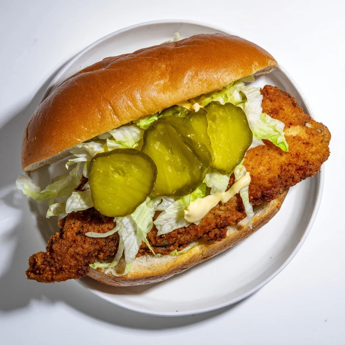 Goldbraun frittiertes Hähnchen im Sandwich, pikant mariniert in Essiglake, mit knackigem Eisbergsalat und Senf-Mayo-Sauce